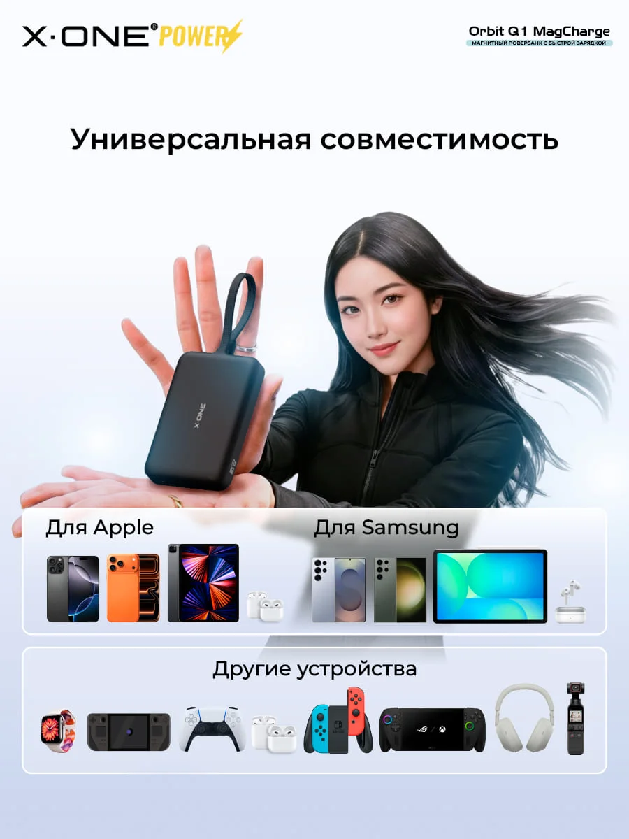 Повербанк магнитная быстрая зарядка X-ONE Orbit Q1 MagCharge 10000mAh PD22.5W - белый / с портом Type-C / MagSafe внешний аккумулятор с магнитом и выдвижным кабелем Type-C