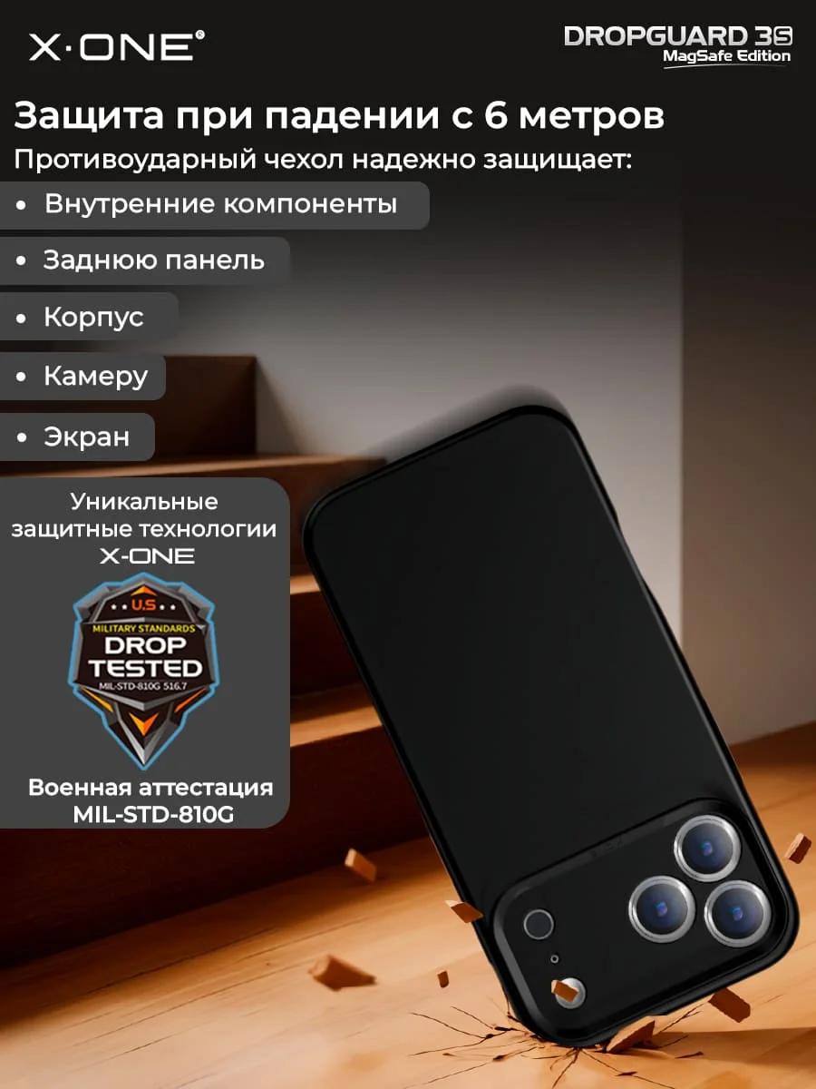 Чехол iPhone 18 Pro Max/17 Pro Max X-ONE DropGuard 3S MagSafe - черный закрытый матовый Soft Touch корпус и сменные цветные кнопки в комплекте