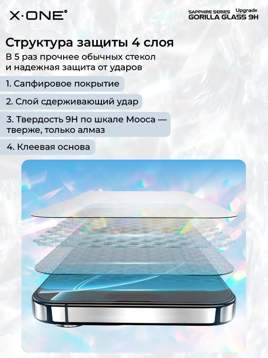 Сапфировое стекло iPhone 18 Pro/17 Pro X-ONE Sapphire 9H (upgrade) / с фильтром защиты динамика от грязи / противоударное / с установочным аппликатором