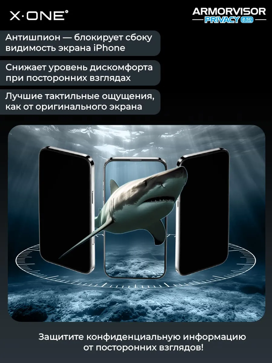 Бронепленка iPhone 17 Pro Max/16 Pro Max X-ONE Armorvisor Privacy 4rd - generation / фильтрация УФ излучения / защита зрения / Антишпион/ с установочным аппликатором