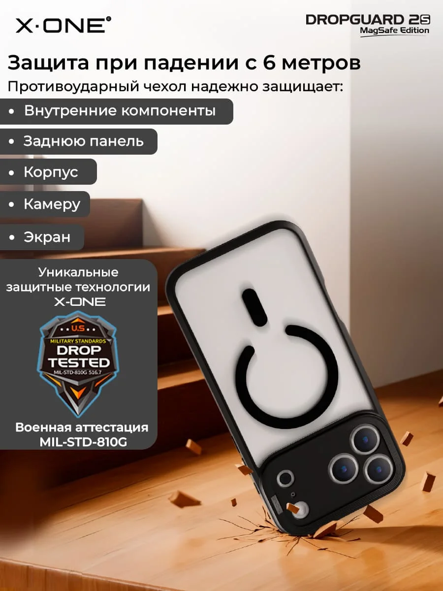 Чехол iPhone 18 Pro Max/ 17 Pro Max X-ONE DropGuard 2S MagSafe - прозрачная задняя панель и черный матовый бампер