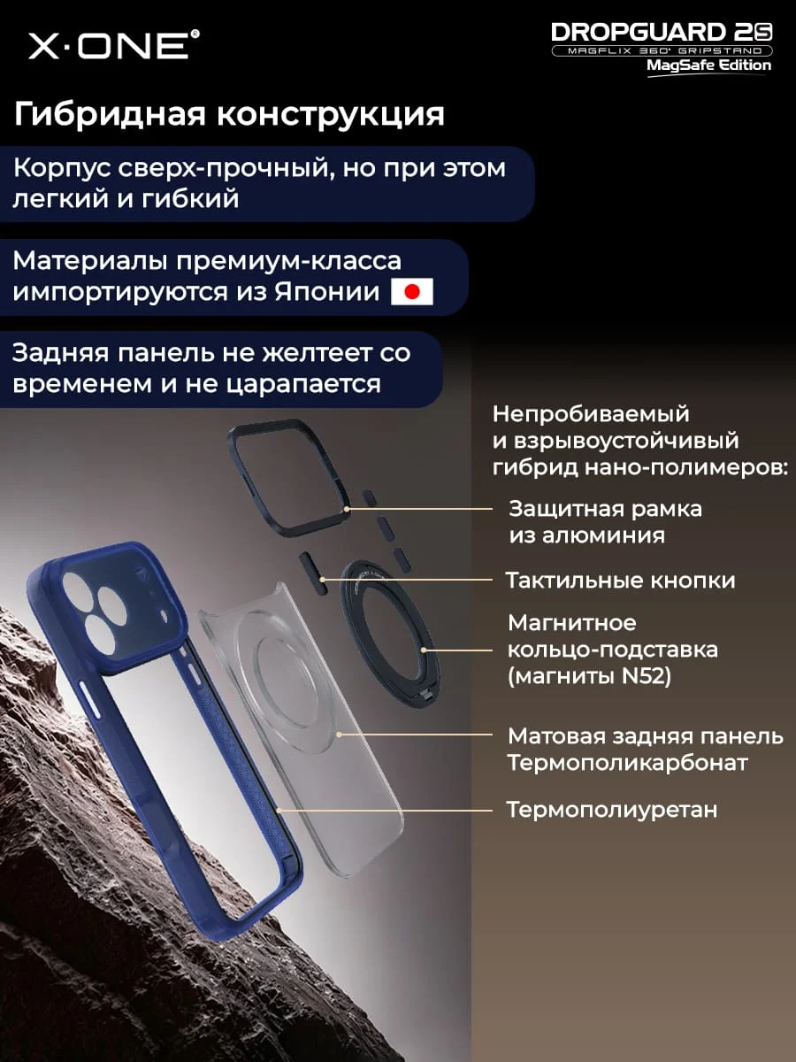 Чехол iPhone 18 Pro Max/17 Pro Max X-ONE DropGuard 2S MagSafe 360° магнитное кольцо с подставкой / матовая прозрачная задняя панель с темно-синим бампером