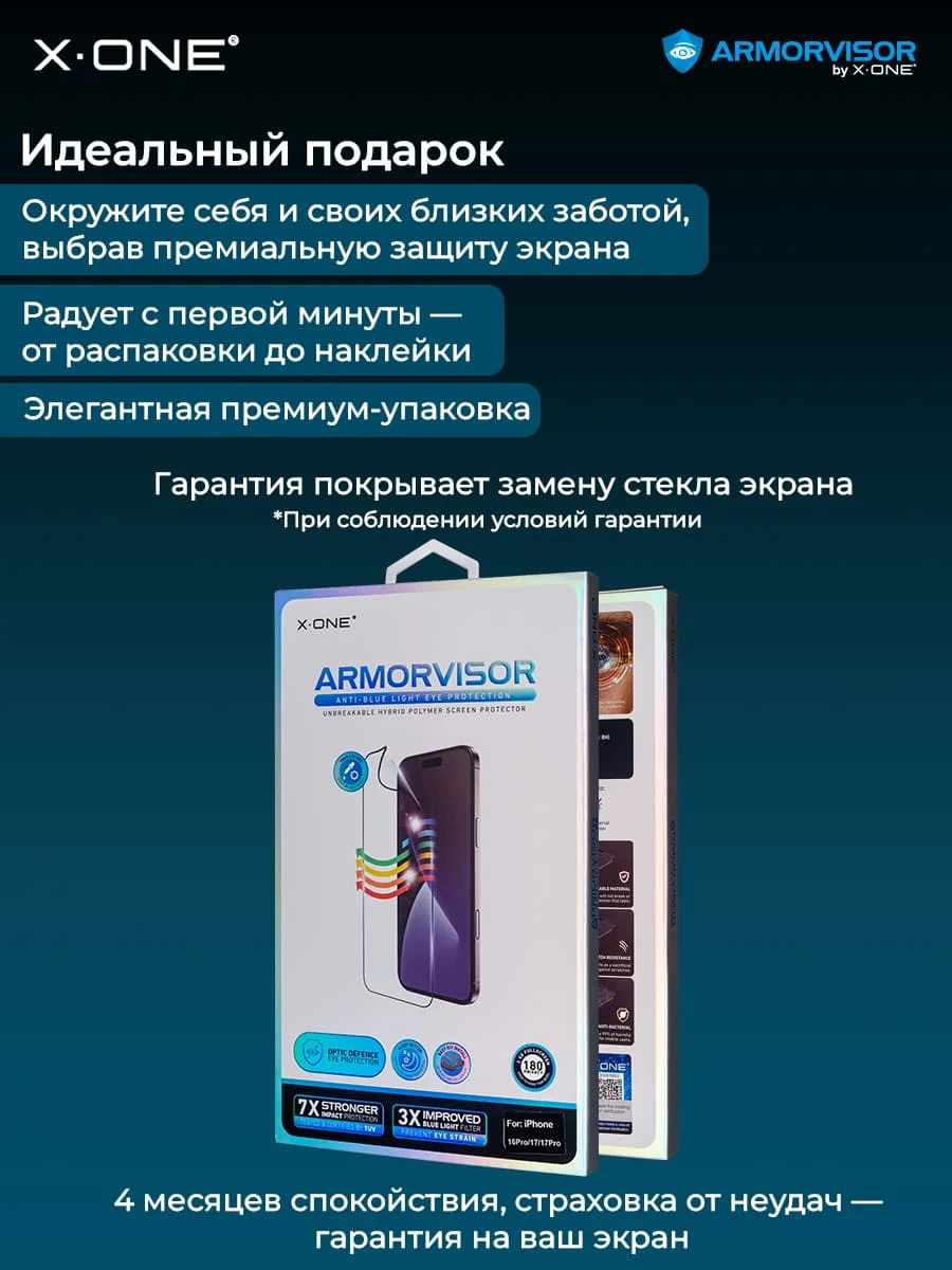 Бронепленка iPhone 16/15 X-ONE Armorvisor 4rd - generation / фильтрация УФ излучения / защита зрения / с установочным аппликатором
