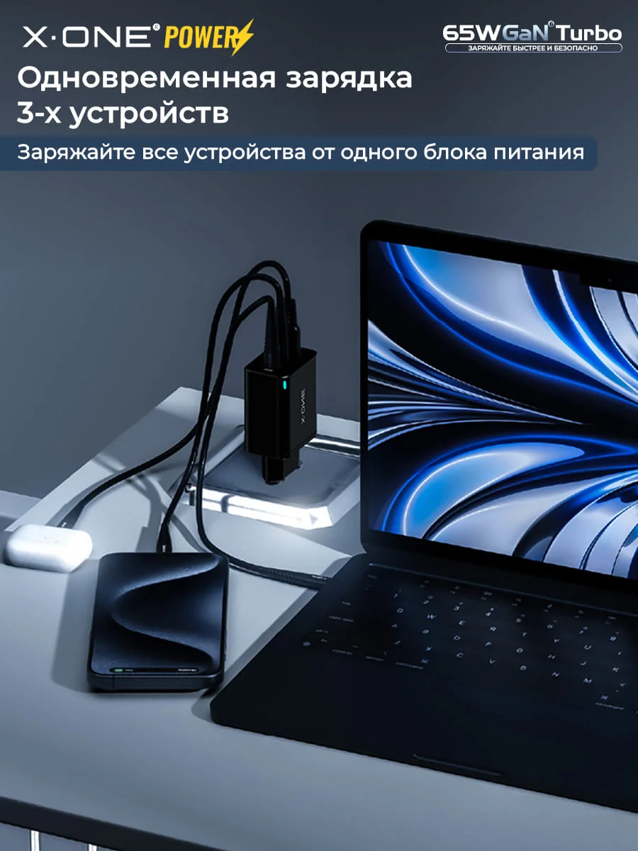 Сетевой адаптер для зарядки 2*Type-C и USB-A X-ONE GaN Turbo 65W - 3 порта / быстрая зарядка в розетку