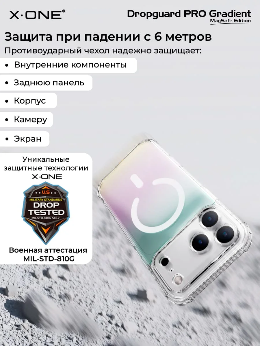 Чехол iPhone 18 Pro Max/17 Pro Max X-ONE DropGuard PRO Gradient MagSafe - градиент задняя панель и текстурированный прозрачный корпус