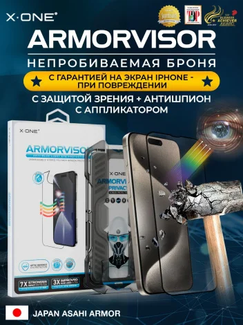 Непробиваемая бронепленка iPhone 16/15 X-ONE Armorvisor Privacy 4rd - generation / фильтрация УФ излучения / защита зрения / Антишпион/ с установочным аппликатором 