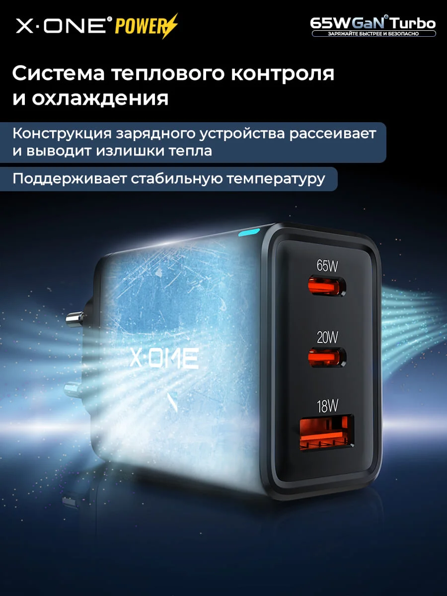 Сетевой адаптер для зарядки 2*Type-C и USB-A X-ONE GaN Turbo 65W - 3 порта / быстрая зарядка в розетку