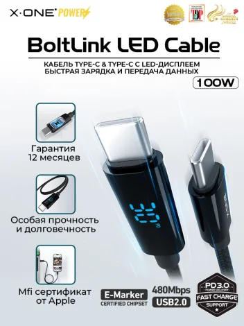 Кабель Type-C BoltLink LED Display 100W / 1.5 метра / быстрая зарядка / передача данных