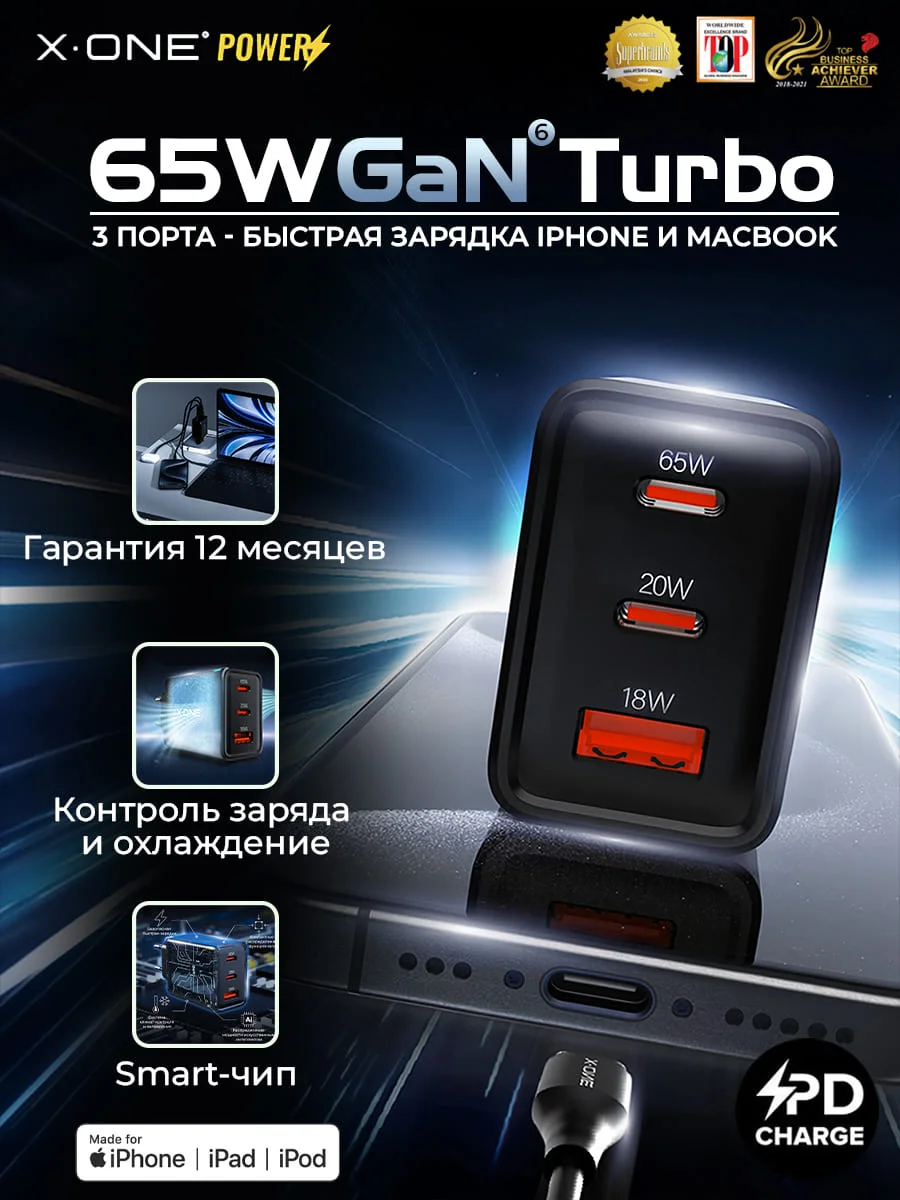 Сетевой адаптер для зарядки 2*Type-C и USB-A X-ONE GaN Turbo 65W - 3 порта / быстрая зарядка в розетку