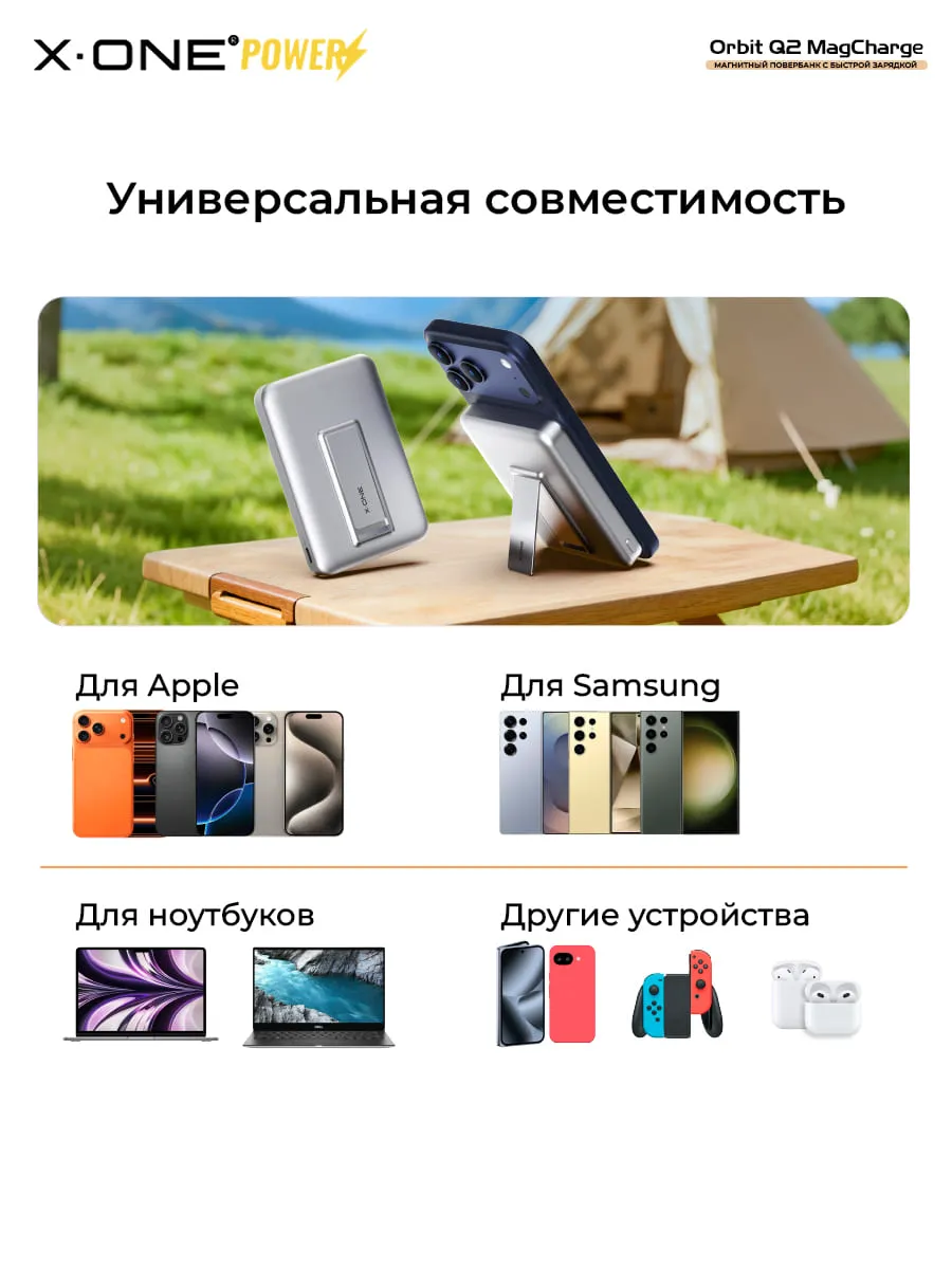 Повербанк магнитная быстрая зарядка X-ONE Orbit Q2 MagCharge 10000mAh PD45W - серебристый / с подставкой / с портом Type-C / MagSafe внешний аккумулятор с магнитом