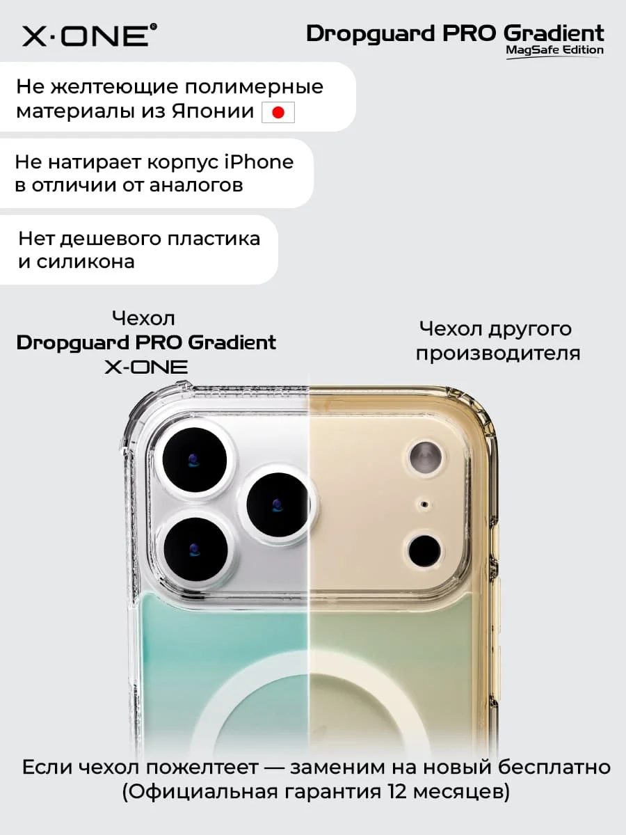 Чехол iPhone 18 Pro/17 Pro X-ONE DropGuard PRO Gradient MagSafe - градиент задняя панель и текстурированный прозрачный корпус