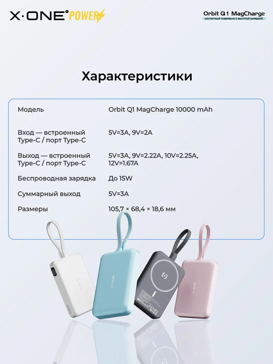 Повербанк магнитная быстрая зарядка X-ONE Orbit Q1 MagCharge 10000mAh PD22.5W - белый / с портом Type-C / MagSafe внешний аккумулятор с магнитом и выдвижным кабелем Type-C
