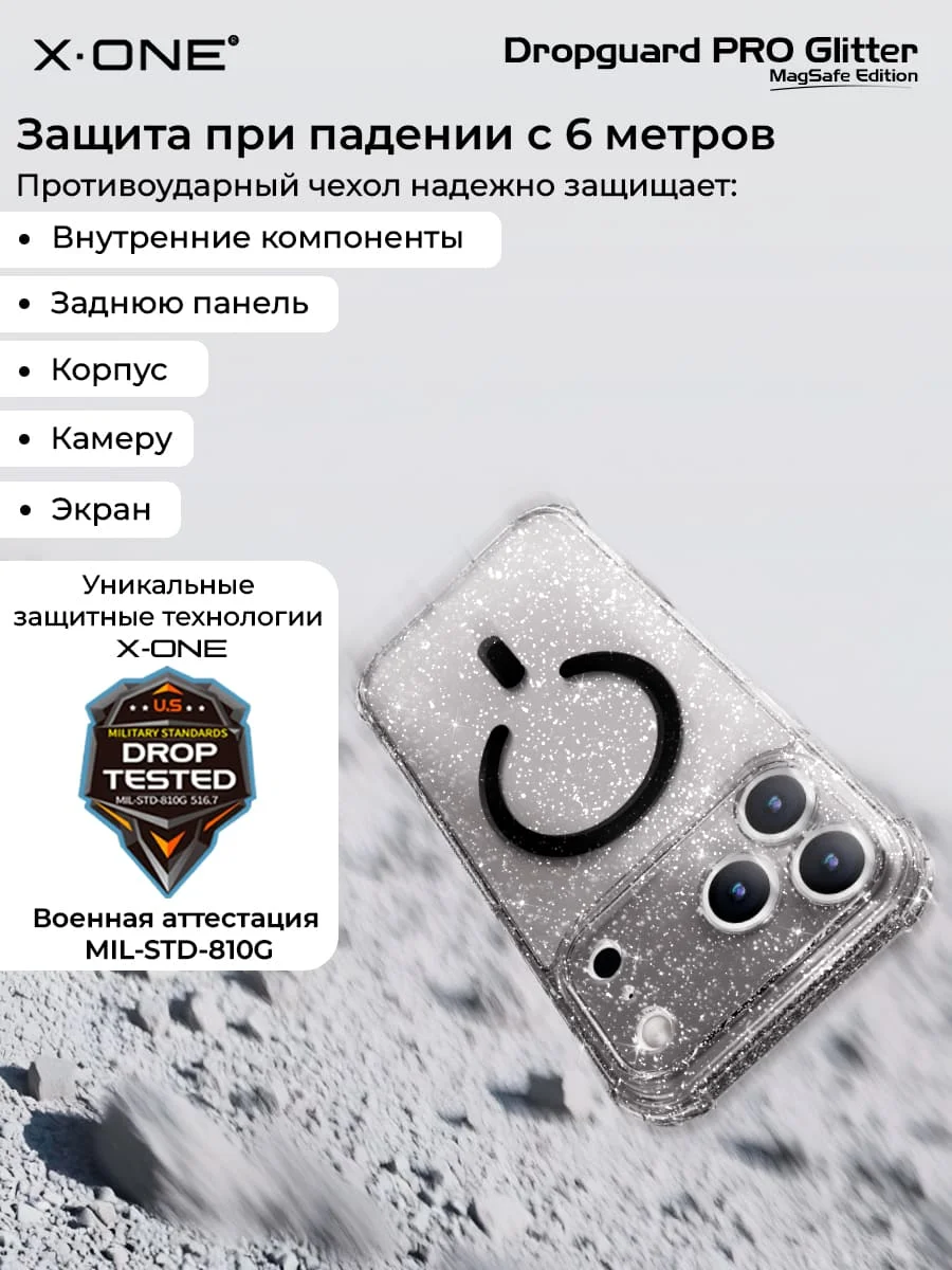 Чехол iPhone 18 Pro Max/17 Pro Max X-ONE DropGuard PRO Glitter MagSafe - блестящий текстурированный прозрачный корпус