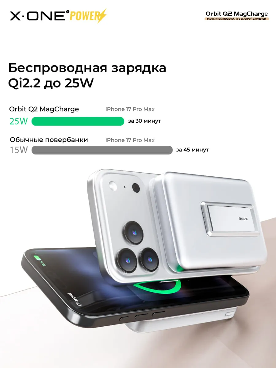 Повербанк магнитная быстрая зарядка X-ONE Orbit Q2 MagCharge 10000mAh PD45W - серебристый / с подставкой / с портом Type-C / MagSafe внешний аккумулятор с магнитом