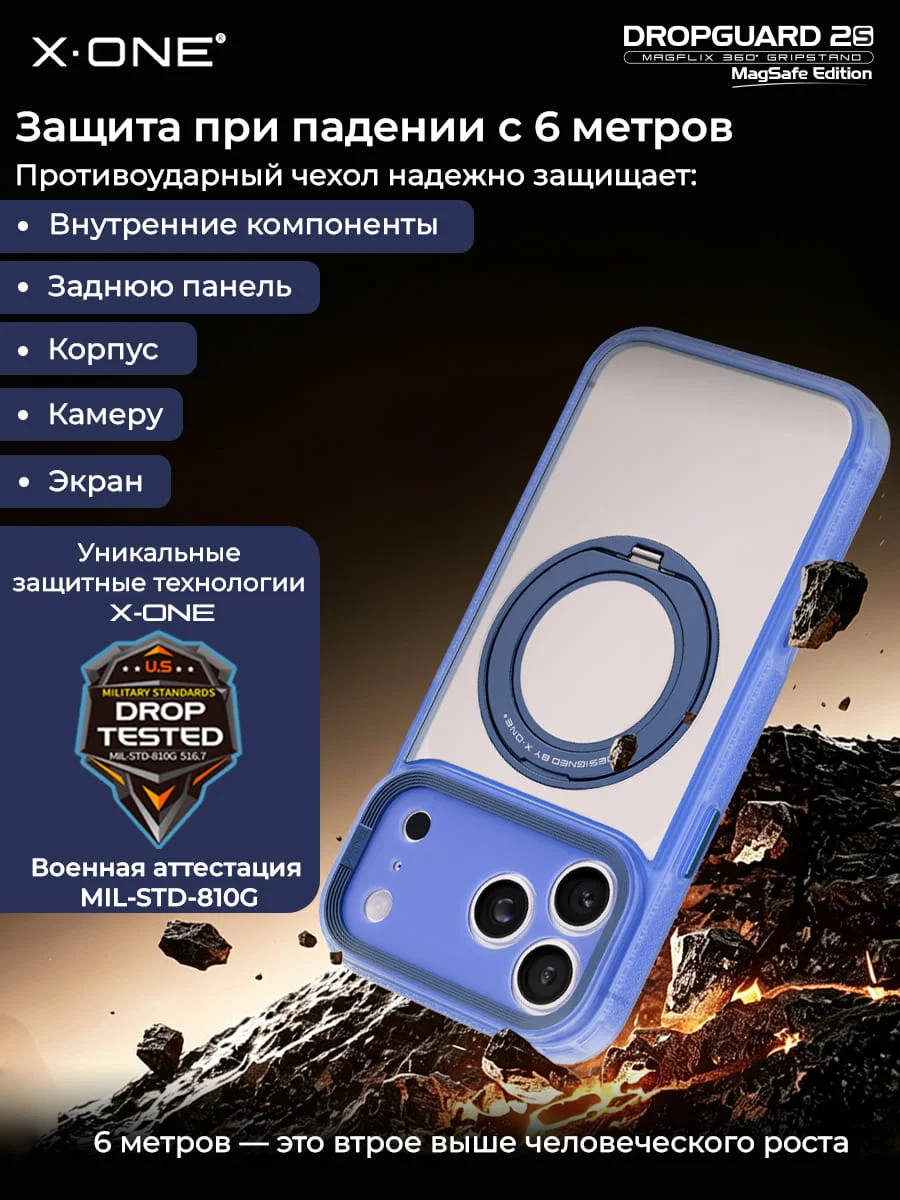 Чехол iPhone 18 Pro/ 17 Pro X-ONE DropGuard 2S MagSafe 360° магнитное кольцо с подставкой / матовая прозрачная задняя панель с светло-голубым бампером