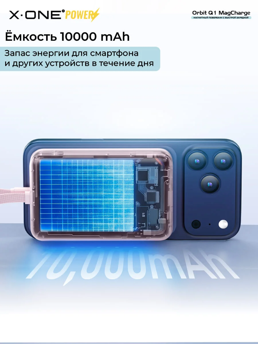 Повербанк магнитная быстрая зарядка X-ONE Orbit Q1 MagCharge 10000mAh PD22.5W - белый / с портом Type-C / MagSafe внешний аккумулятор с магнитом и выдвижным кабелем Type-C