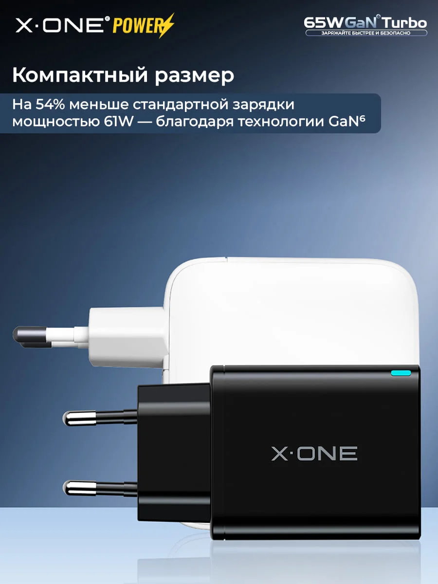 Сетевой адаптер для зарядки 2*Type-C и USB-A X-ONE GaN Turbo 65W - 3 порта / быстрая зарядка в розетку
